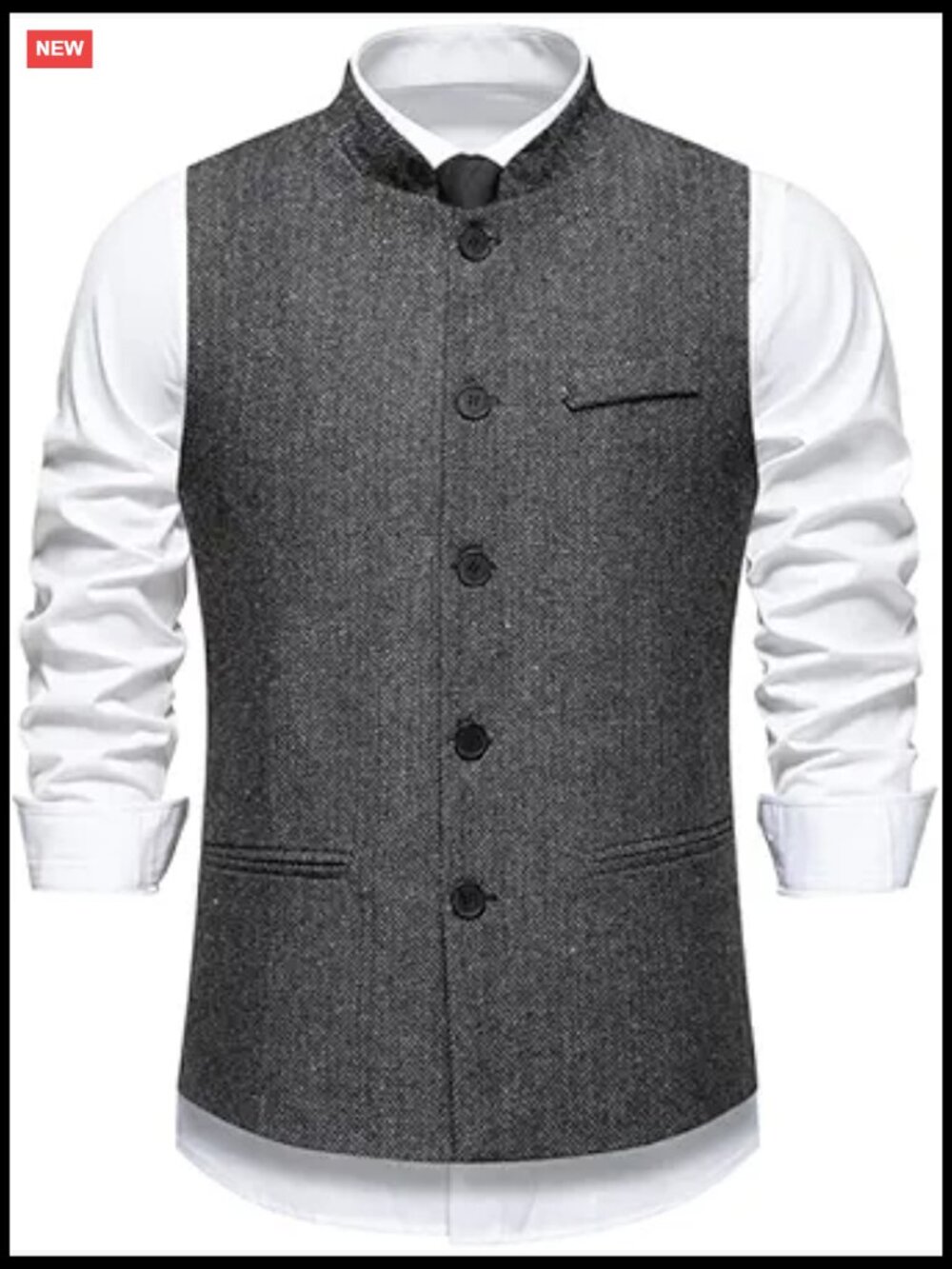 Mandarin Collar Herringbone Tweed Slim Fit Suit Vest